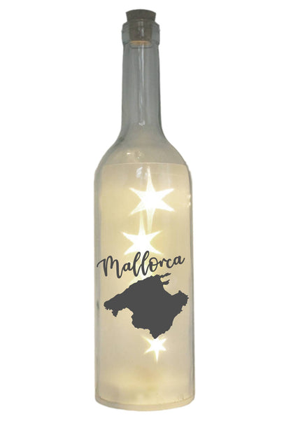 LED-Flasche mit Motiv, Silhouette Insel Mallorca, grau, 29cm, Flaschen-Licht Lampe mit Text Spruch Stadt