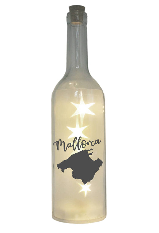 LED-Flasche mit Motiv, Silhouette Insel Mallorca, grau, 29cm, Flaschen-Licht Lampe mit Text Spruch Stadt