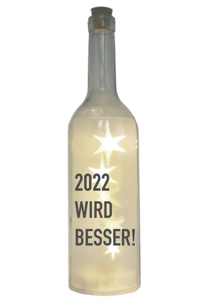 LED-Flasche mit Motiv, 2022 wird besser, grau, 29cm, Flaschen-Licht Lampe mit Text Spruch