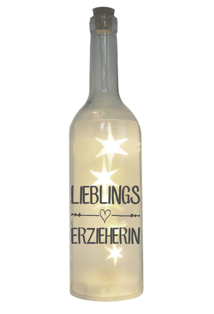 LED-Flasche mit Motiv, Lieblings-Erzieherin, grau, 29cm, Flaschen-Licht Lampe mit Text Spruch