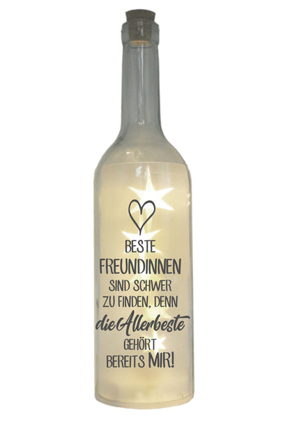 LED-Flasche mit Motiv, Beste Freundinnen sind schwer zu finden, grau, 29cm, Flaschen-Licht Glitzer-Flasche Leuchtflasche Lampe mit Text Spruch