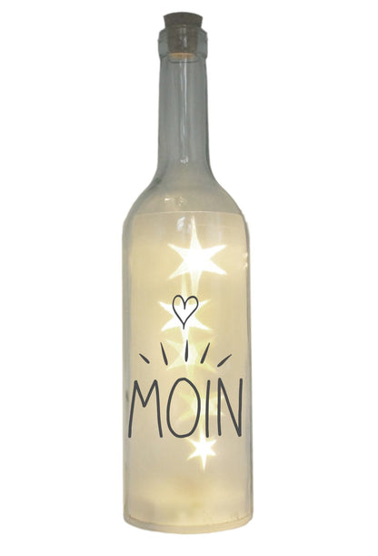 LED-Flasche mit Motiv, Moin Herz, 29cm, Flaschen-Licht Glitzer-Flasche Leuchtflasche Lampe mit Text Spruch maritim