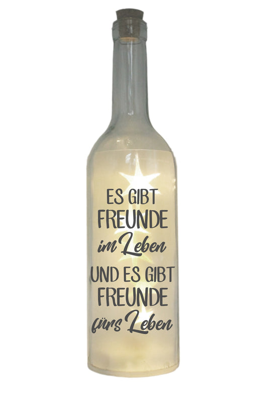 LED-Flasche mit Motiv, Es gibt Freunde im & fürs Leben, grau, 29cm, Flaschen-Licht Glitzer-Flasche Leuchtflasche Lampe mit Text Spruch