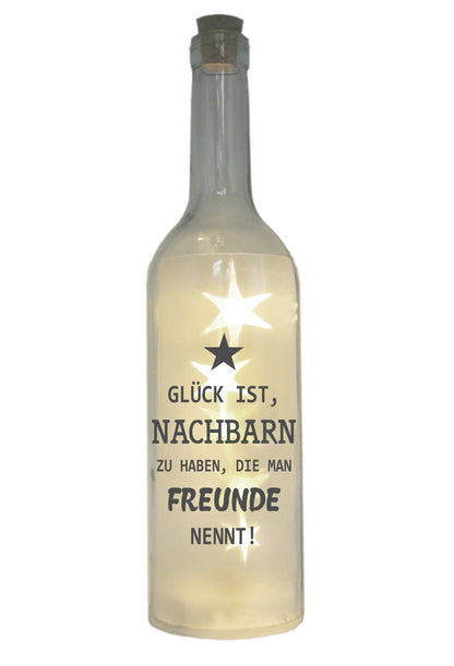 LED-Flasche mit Motiv, Nachbarn die man Freunde nennt, grau, 29cm, Flaschen-Licht Glitzer-Flasche Leuchtflasche Lampe mit Text Spruch