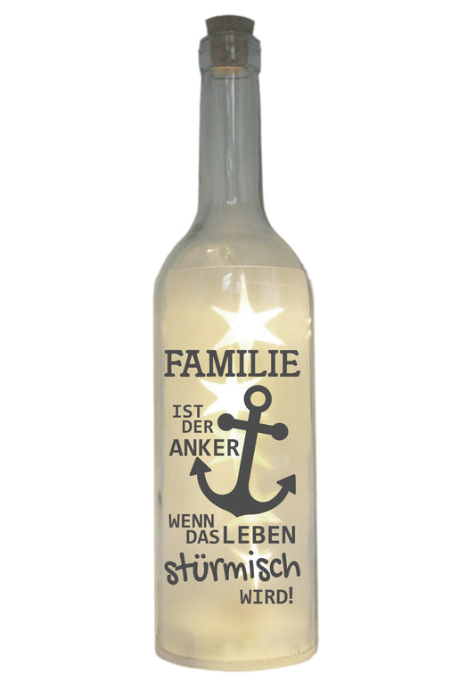 LED-Flasche mit Motiv, Familie ist der Anker, grau, 29cm, Flaschen-Licht Glitzer-Flasche Leuchtflasche Lampe mit Text Spruch