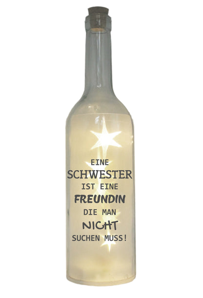 LED-Flasche mit Motiv, Eine Schwester ist eine Freundin, grau, 29cm, Flaschen-Licht Glitzer-Flasche Leuchtflasche Lampe mit Text Spruch