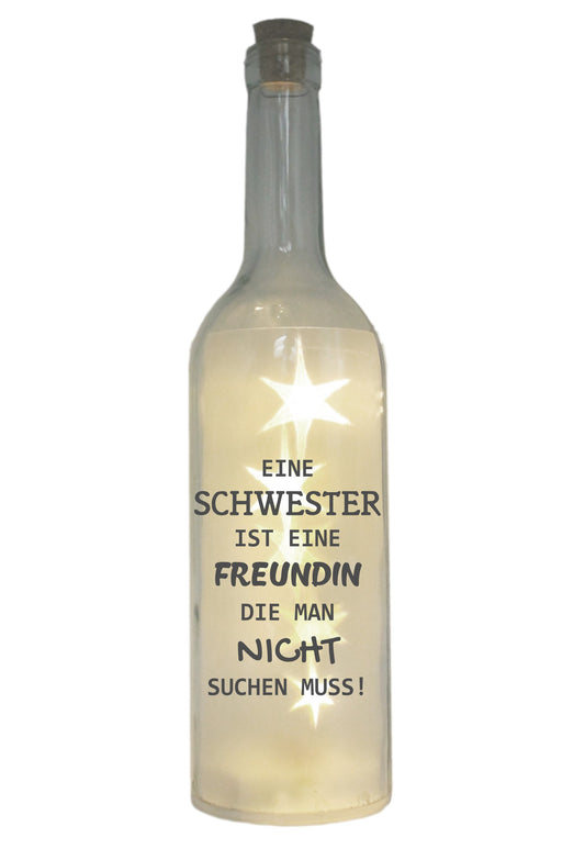 LED-Flasche mit Motiv, Eine Schwester ist eine Freundin, grau, 29cm, Flaschen-Licht Glitzer-Flasche Leuchtflasche Lampe mit Text Spruch