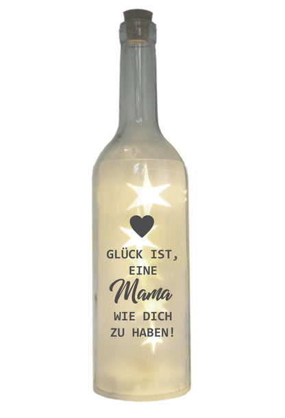 LED-Flasche mit Motiv, Glück ist eine Mama wie dich zu haben, grau, 29cm, Flaschen-Licht Glitzer-Flasche Leuchtflasche Lampe mit Text Spruch