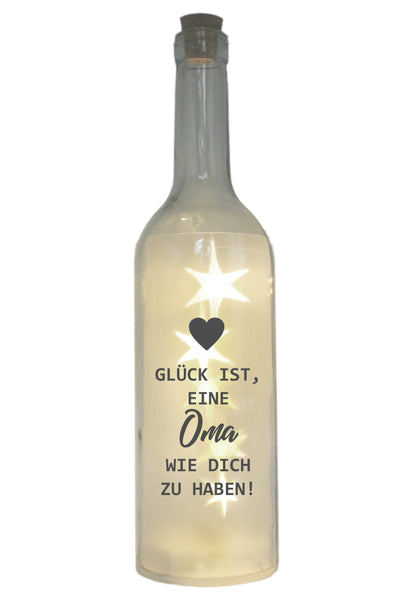LED-Flasche mit Motiv, Glück ist eine Oma wie dich zu haben, grau, 29cm, Flaschen-Licht Glitzer-Flasche Leuchtflasche Lampe mit Text Spruch