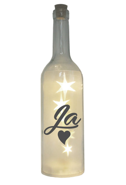 LED-Flasche mit Motiv, Ja Herz, Hochzeit, grau, 29cm, Flaschen-Licht Glitzer-Flasche Leuchtflasche Lampe mit Text Spruch
