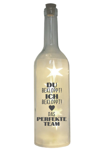 LED-Flasche mit Motiv, Ich Du bekloppt Das perfekte Team, grau, 29cm, Flaschen-Licht Glitzer-Flasche Leuchtflasche Lampe mit Text Spruch
