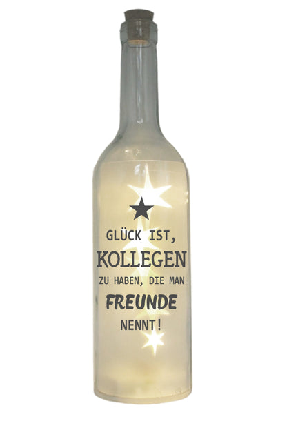 LED-Flasche mit Motiv, Kollegen die man Freunde nennt, grau, 29cm, Flaschen-Licht Glitzer-Flasche Leuchtflasche Lampe mit Text Spruch