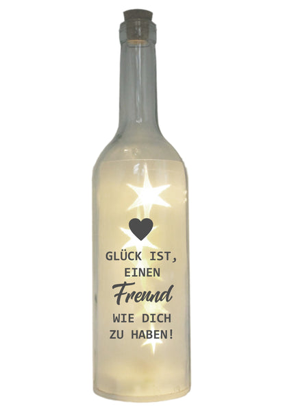 LED-Flasche mit Motiv, Glück ist einen Freund wie dich zu haben, grau, 29cm, Flaschen-Licht Glitzer-Flasche Leuchtflasche Lampe mit Text Spruch
