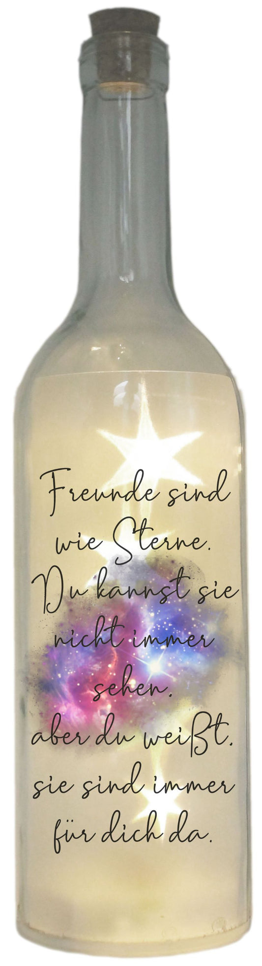 LED-Flasche Folien-Motiv, Freunde sind wie Sterne, 29cm, Flaschen-Licht Lampe mit Text Spruch