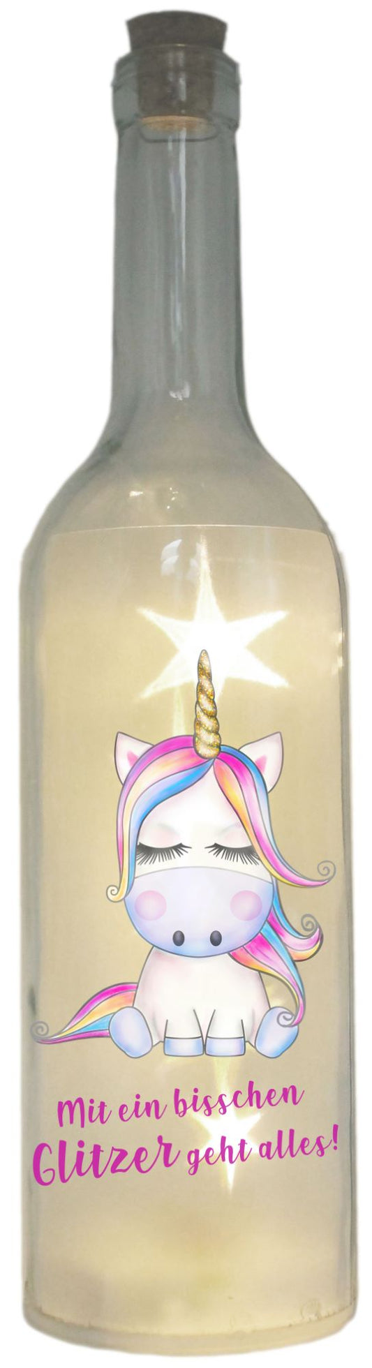 LED-Flasche Folien-Motiv, Mit ein bisschen Glitzer geht alles Einhorn bunt, 29cm, Flaschen-Licht Lampe mit Text Spruch