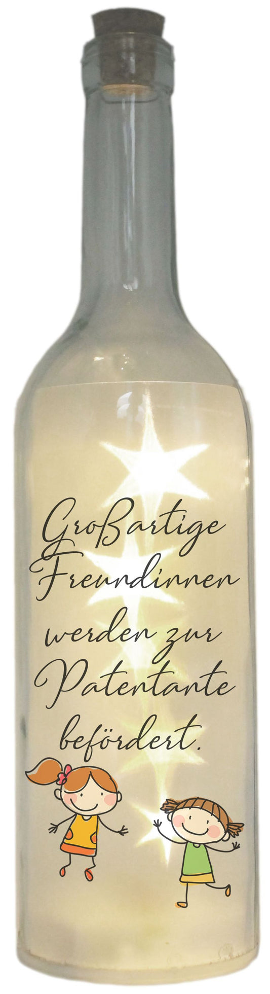 LED-Flasche Folien-Motiv Großartige Freundinnen werden zur Patentante befördert, 29cm, Flaschen-Licht Lampe mit Text Spruch