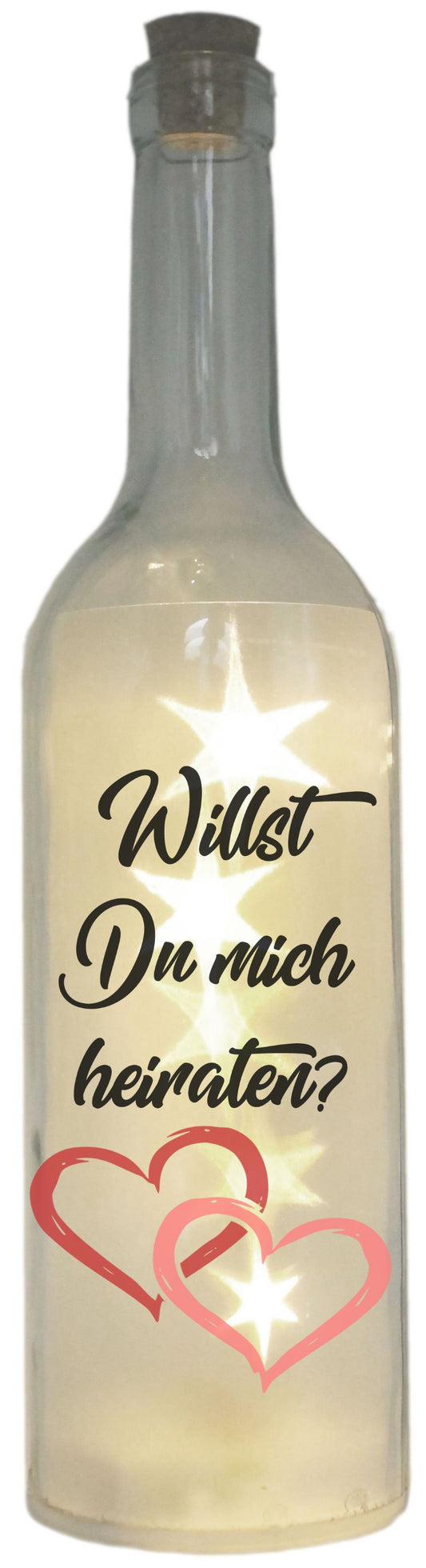 LED-Flasche Folien-Motiv Willst Du mich heiraten? Herz, 29cm, Flaschen-Licht Lampe mit Text Spruch