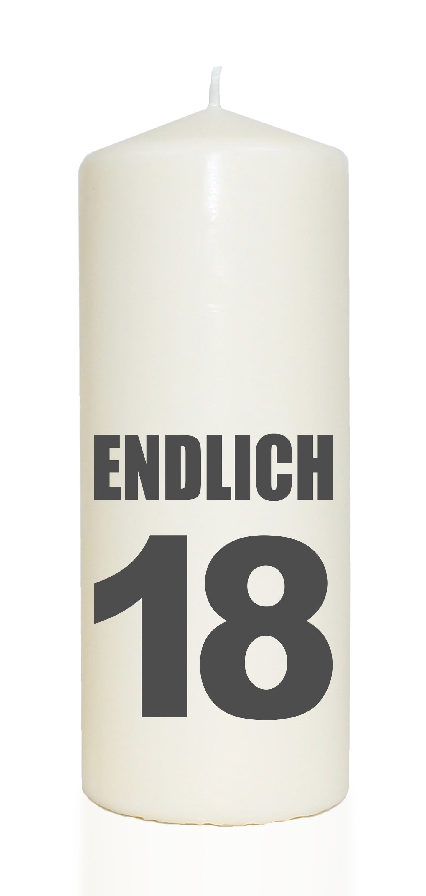 Spruchkerze, ENDLICH 18, grau, 20cm, 765g Ø8cm, Kerze mit Spruch, Brenndauer ca 70 Std
