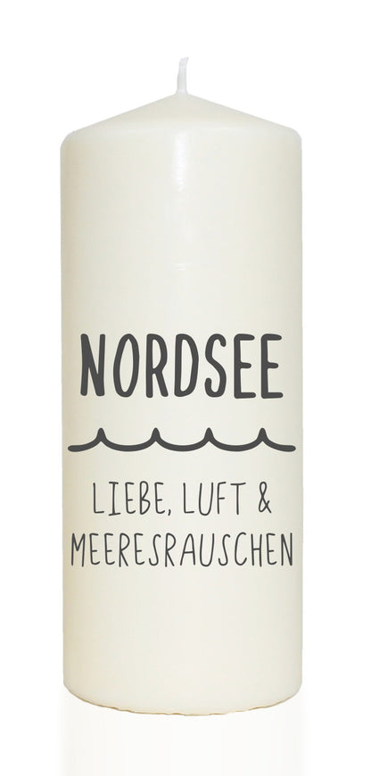 Spruchkerze, Nordsee Liebe Luft Meeresrauschen, 20cm, 765g d8cm, Kerze mit Spruch, Brenndauer ca 70 Std
