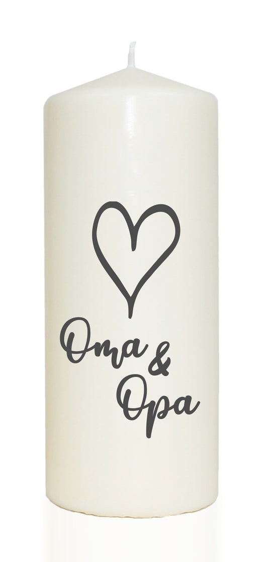 Spruchkerze, Herz Oma & Opa, 20cm, 765g d8cm, Kerze mit Spruch, Brenndauer ca 70 Std