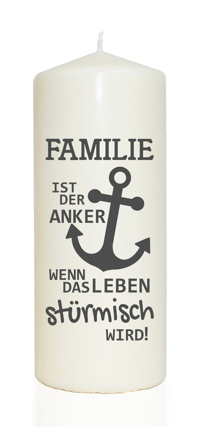 Spruchkerze, Familie ist der Anker, 20cm, 765g d8cm, Kerze mit Spruch, Brenndauer ca 70 Std