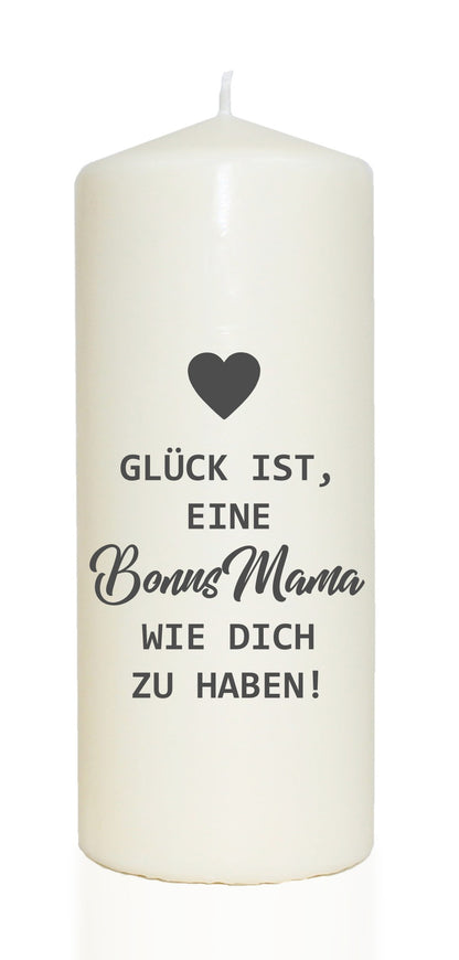 Spruchkerze, Glück ist eine Bonus-Mama wie dich zu haben, 20cm, 765g d8cm, Kerze mit Spruch, Brenndauer ca 70 Std