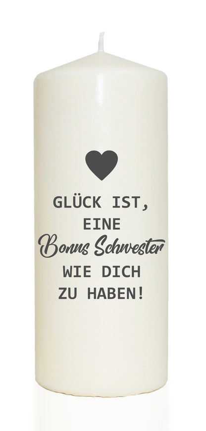 Spruchkerze, Glück ist eine Bonus-Schwester wie dich zu haben, 20cm, 765g d8cm, Kerze mit Spruch, Brenndauer ca 70 Std