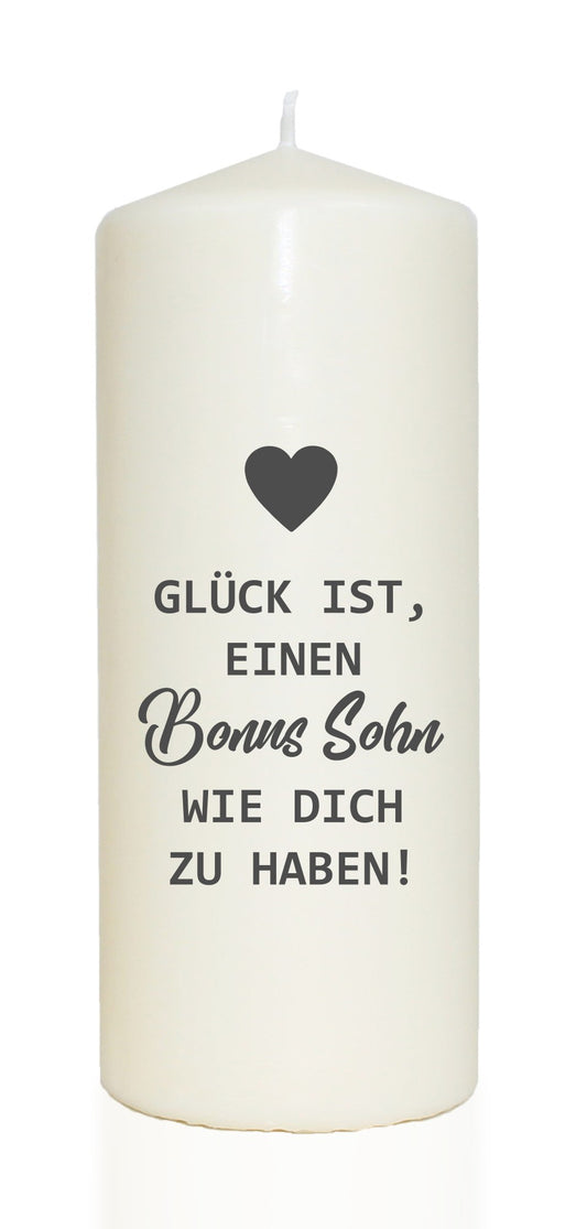 Spruchkerze, Glück ist einen Bonus-Sohn wie dich zu haben, 20cm, 765g d8cm, Kerze mit Spruch, Brenndauer ca 70 Std