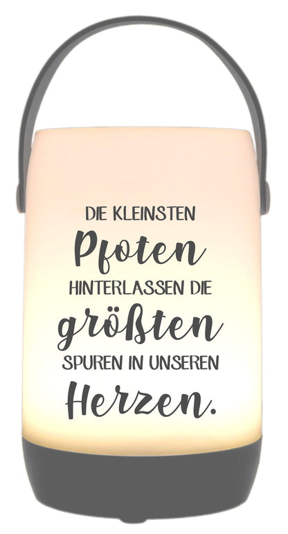 LED-Laterne Touch-Funktion & Akku, Die kleinsten Pfoten hinterlassen die größten Spuren, grau 19x11,5cm, mit Bügel 25cm, LED-Licht LED-Leuchte LED-Lampe