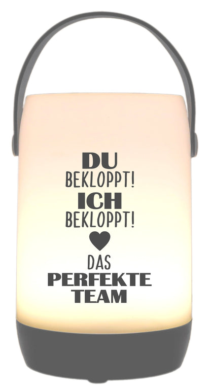 LED-Laterne Touch-Funktion & Akku, Ich Du bekloppt Das perfekte Team, grau 19x11,5cm, mit Bügel 25cm, LED-Licht LED-Leuchte LED-Lampe