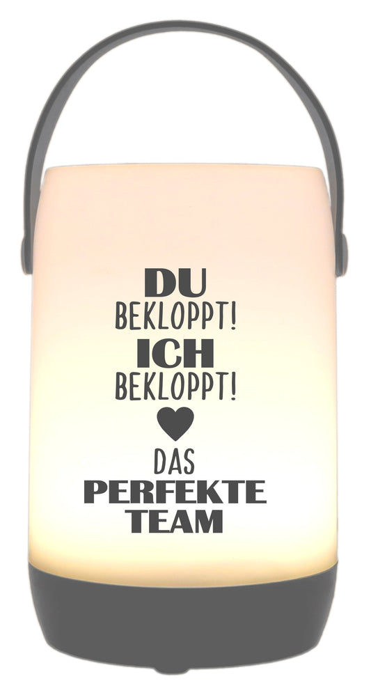 LED-Laterne Touch-Funktion & Akku, Ich Du bekloppt Das perfekte Team, grau 19x11,5cm, mit Bügel 25cm, LED-Licht LED-Leuchte LED-Lampe