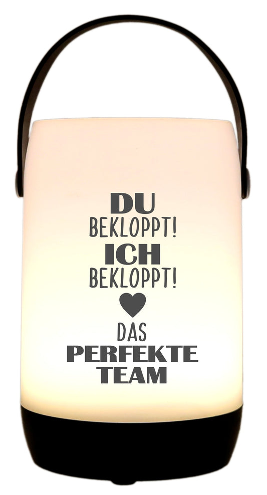 LED-Laterne Touch-Funktion & Akku, Ich Du bekloppt Das perfekte Team, schwarz 19x11,5cm, mit Bügel 25cm, LED-Licht LED-Leuchte LED-Lampe