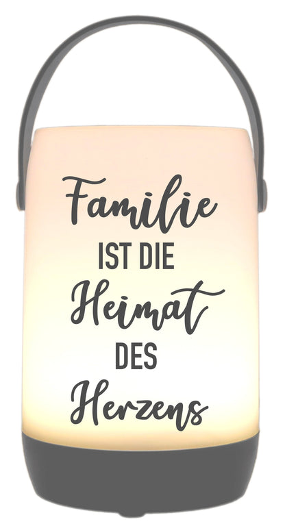LED-Laterne Touch-Funktion & Akku, Familie ist die Heimat des Herzens, grau 19x11,5cm, mit Bügel 25cm, LED-Licht LED-Leuchte LED-Lampe