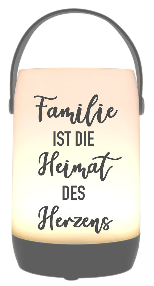 LED-Laterne Touch-Funktion & Akku, Familie ist die Heimat des Herzens, grau 19x11,5cm, mit Bügel 25cm, LED-Licht LED-Leuchte LED-Lampe