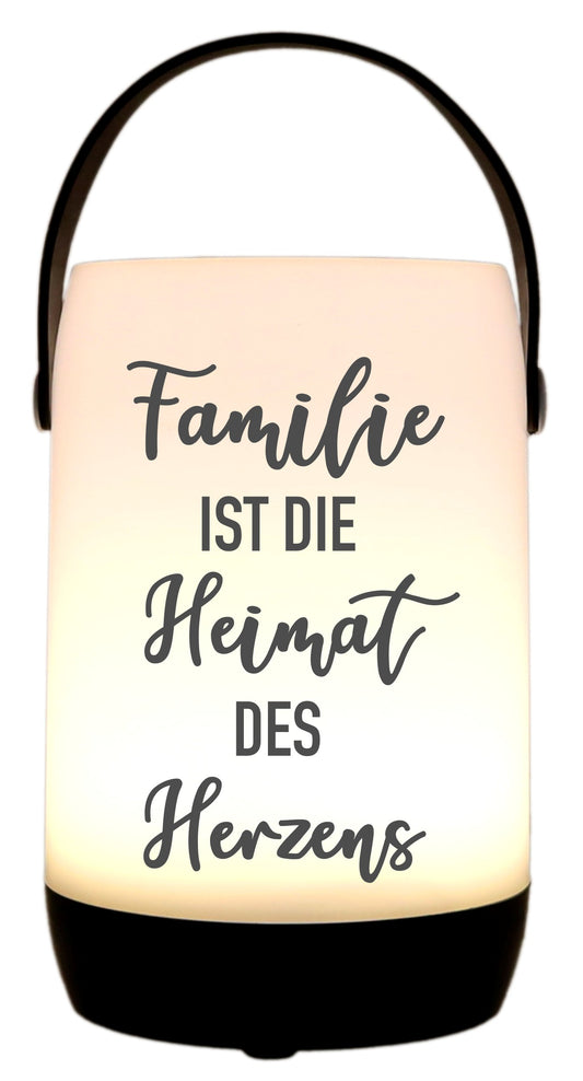 LED-Laterne Touch-Funktion & Akku, Familie ist die Heimat des Herzens, schwarz 19x11,5cm, mit Bügel 25cm, LED-Licht LED-Leuchte LED-Lampe
