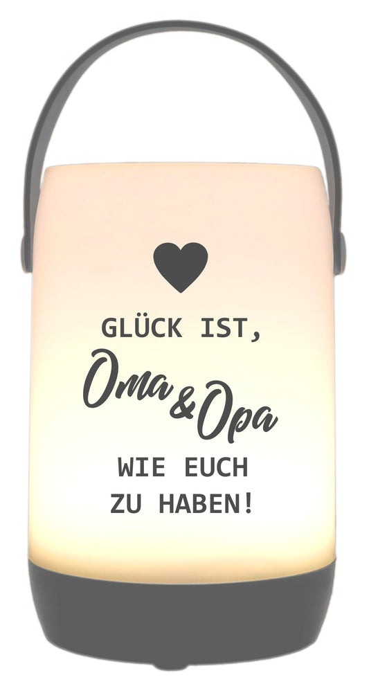LED-Laterne Touch-Funktion & Akku, Glück ist Oma & Opa wie euch zu haben, grau 19x11,5cm, mit Bügel 25cm, LED-Licht LED-Leuchte LED-Lampe