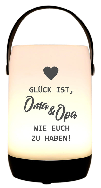 LED-Laterne Touch-Funktion & Akku, Glück ist Oma & Opa wie euch zu haben, schwarz 19x11,5cm, mit Bügel 25cm, LED-Licht LED-Leuchte LED-Lampe