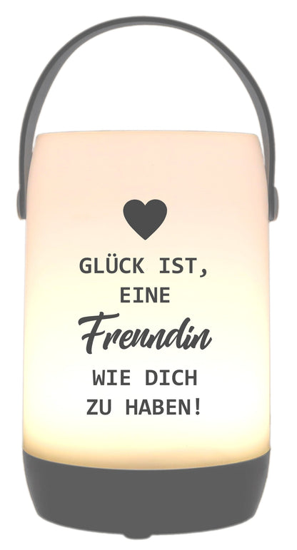 LED-Laterne Touch-Funktion & Akku, Glück ist eine Freundin wie dich zu haben, grau 19x11,5cm, mit Bügel 25cm, LED-Licht LED-Leuchte LED-Lampe