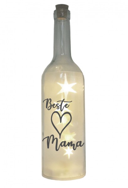 LED-Flasche mit Motiv, Beste Mama Herz, grau, 29cm, Flaschen-Licht Lampe mit Text Spruch