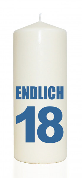 Spruchkerze, ENDLICH 18, blau, 20cm, 765g Ø8cm, Kerze mit Spruch, Brenndauer ca 70 Std