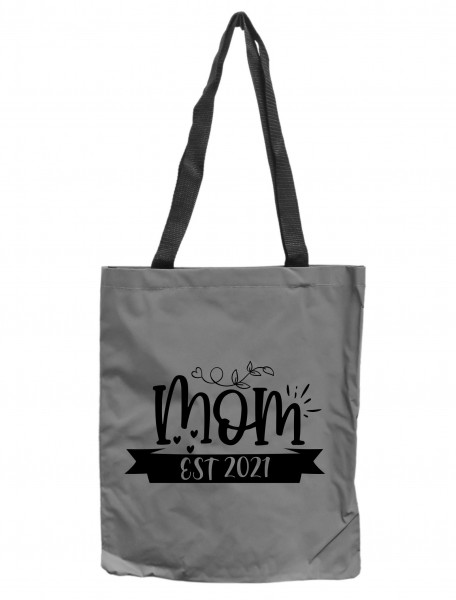 Reflektor-Tasche Mom EST 2021 Mama, grau-silber REFLEKTIERT! Einkaufs-Beutel mit Innentasche, Einkaufstasche Tragetasche Shopper Shopping-Bag