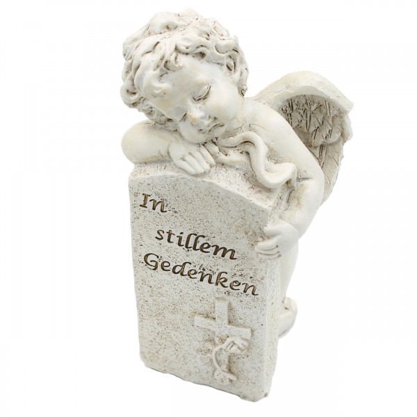 Figur aus Kunststein, Engel am Grabstein mit Text, In stillem Gedenken, 15cm