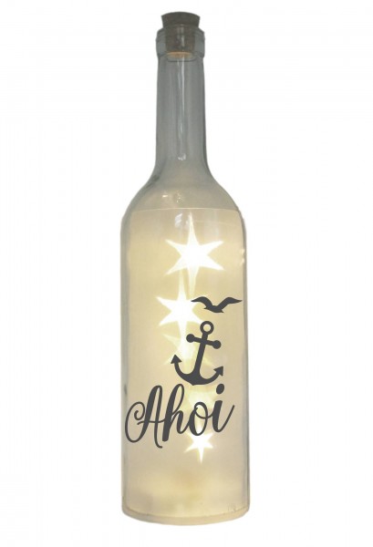 LED-Flasche mit Motiv, Ahoi Anker Möwe, grau, 29cm, Flaschen-Licht Lampe mit Text Spruch