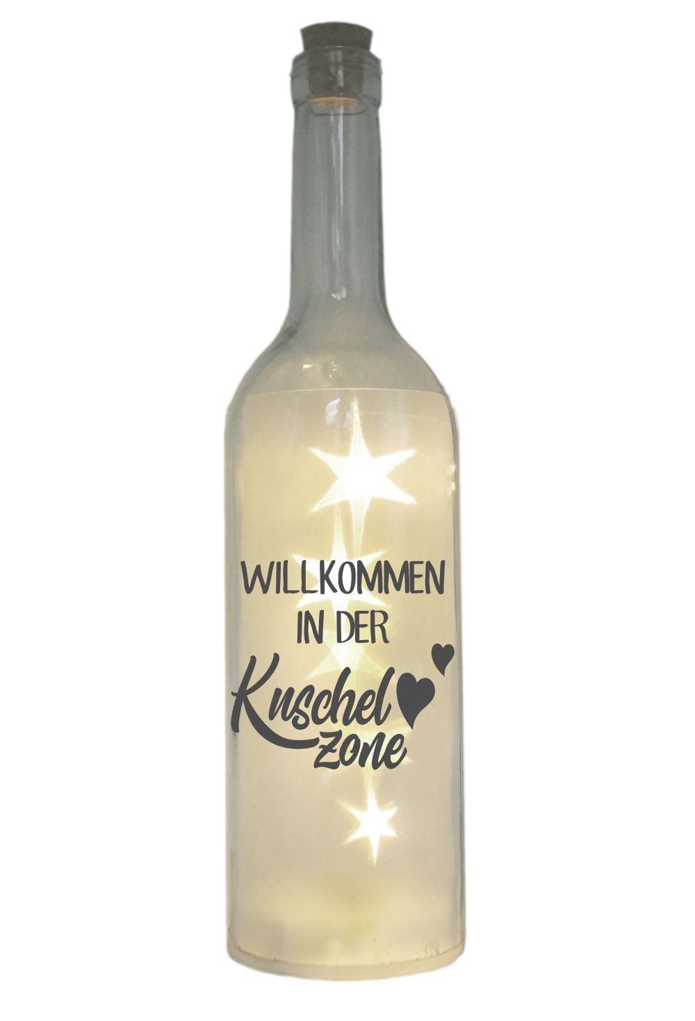 LED-Flasche mit Motiv, Willkommen in der Kuschelzone, grau, 29cm, Flaschen- Licht Lampe mit Text Spruch