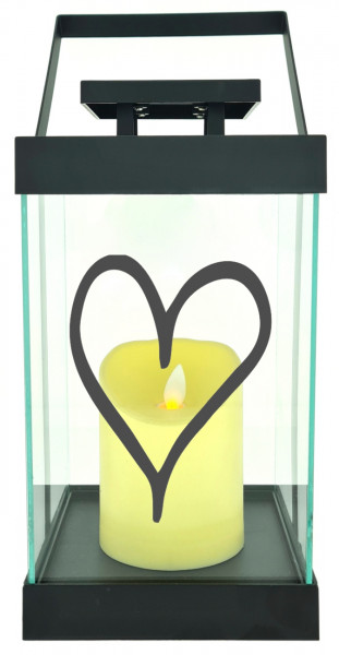 Edle Glas-Laterne mit LED-Kerze, Herz Liebe Hochzeit, Timer, 35cm hoch mit Bügel, 24,5x13x13cm, Batterie LED-Licht LED-Laterne LED-Lampe mit Text Spruch