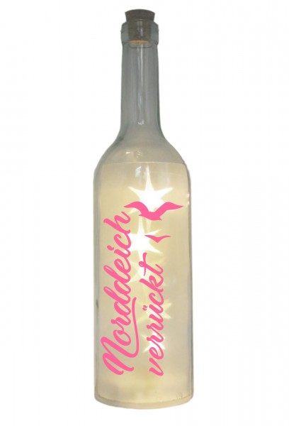 LED-Flasche mit Motiv, Norddeich verrückt mit Möwen, rosa, 29cm, Flaschen-Licht Lampe mit Text Spruch