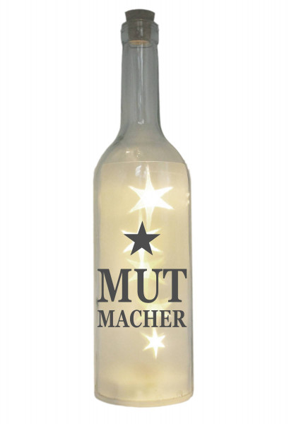 LED-Flasche mit Motiv, Mut-Macher Stern, grau, 29cm, Flaschen-Licht Lampe mit Text Spruch