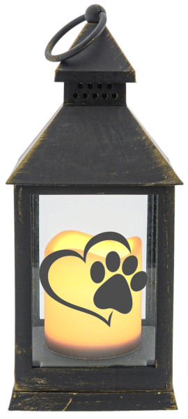 Kunststoff-Laterne mit LED-Kerze & Timer, Tier-Pfote, Katze Hund Regenbogen-Brücke, schwarz 24x10,5x10,5cm, Batterie LED-Licht LED-Laterne LED-Lampe mit Text Spruch