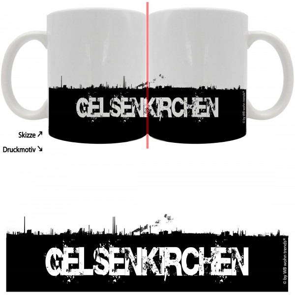 Tasse mit rundum Motiv: GELSENKIRCHEN Skyline, Farbe: weiß, Kaffee-Becher mit Motiv