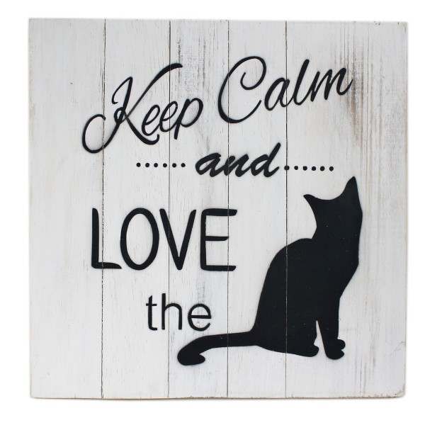 Massives Holz-Schild, Keep calm and love the cat, weiß, 30 x 30 cm, Shabby Look